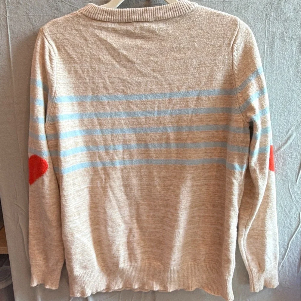 THML Heart Elbow Patch Sweater Womens Medium Beige Blue Striped Coquette Preppy